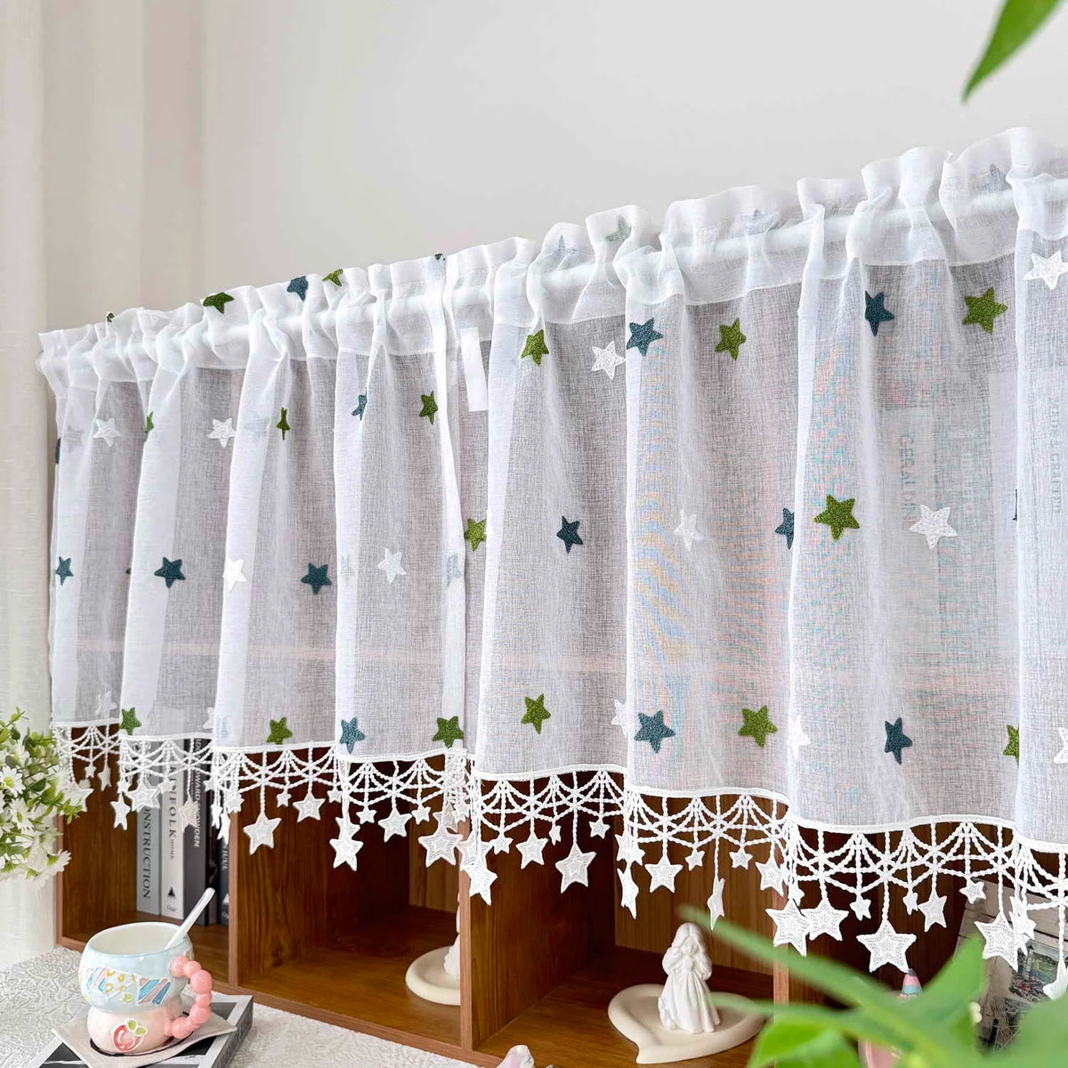 rideau transparent brodé étoiles classique blanc romantique maison