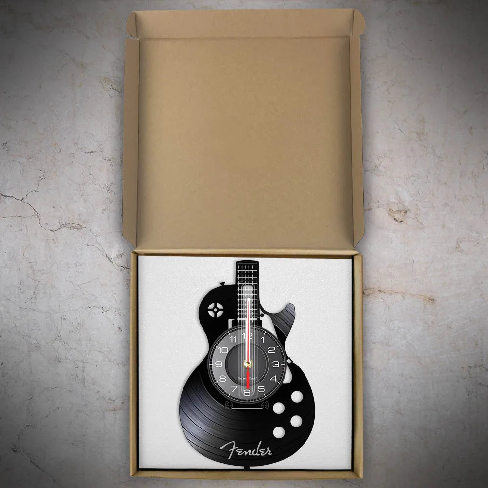 horloge murale guitare stylisée vinyle noir moderne rétro salon quartz aiguille