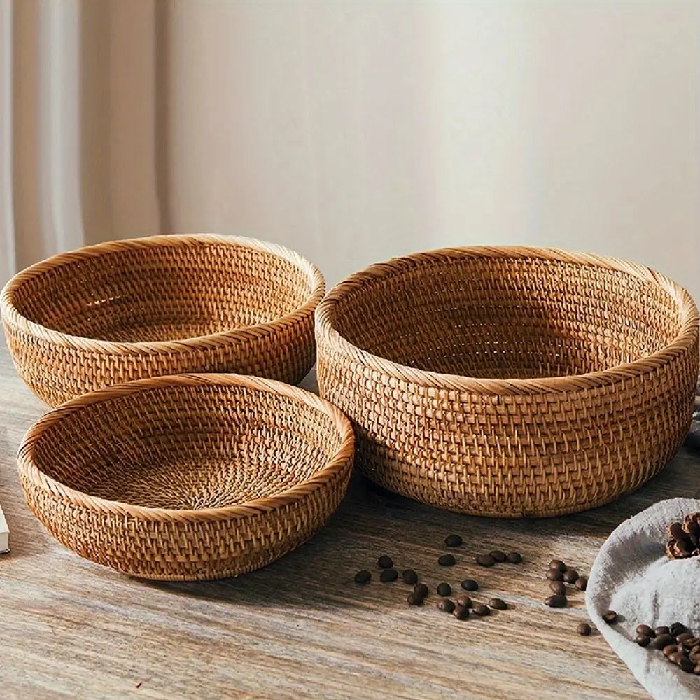 paniers rotin tissage traditionnel marron clair rustique naturel rangement décoration maison cuisine