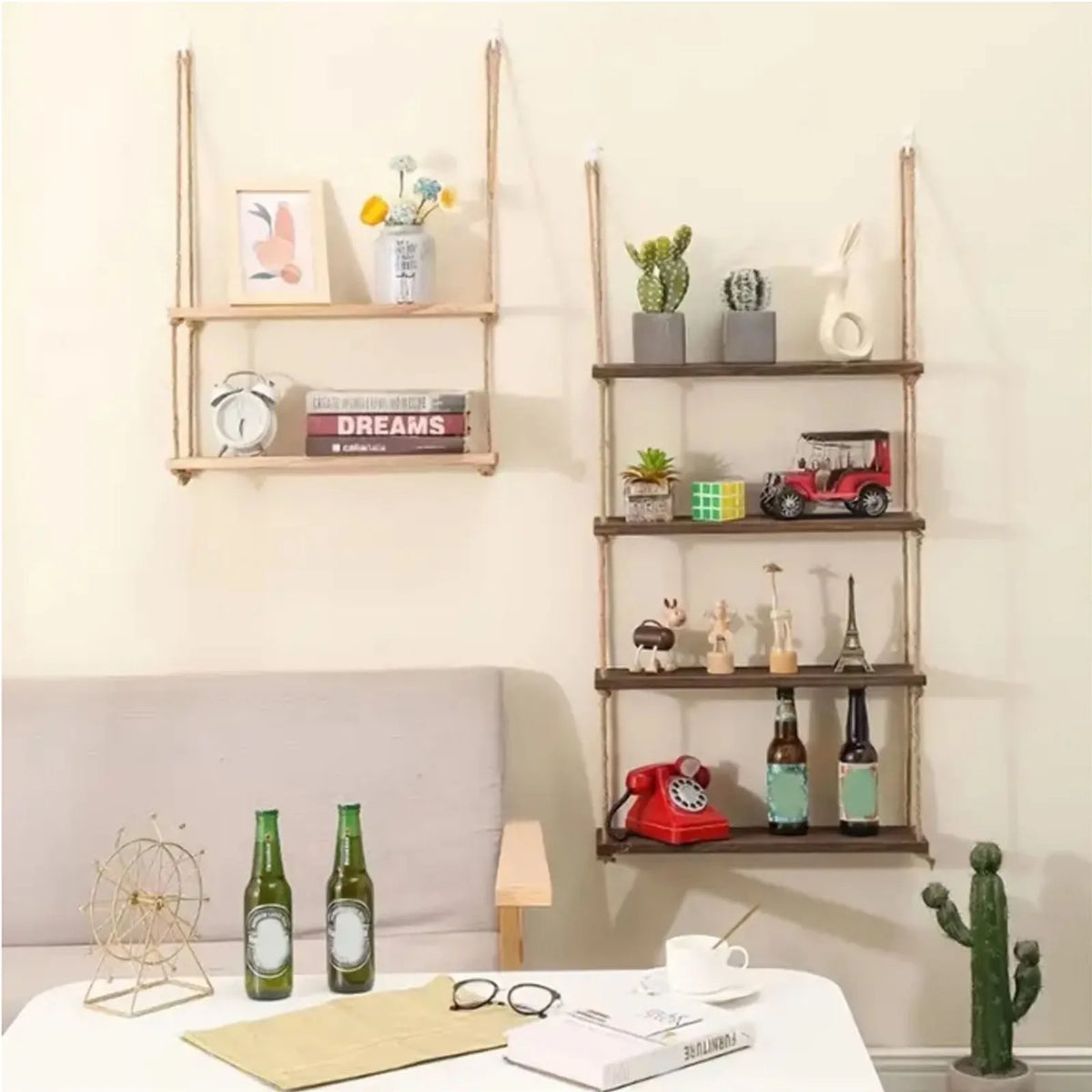 étagère suspendue bois naturel rustique boho chic corde nouée salle bain chambre