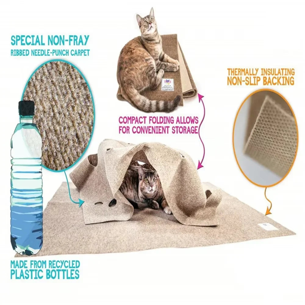 tapis d'activités chats tunnel jeu orange marron texture poilue ouvertures escalade saut exercices quotidien