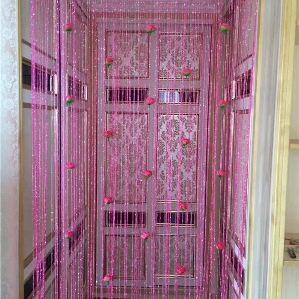 rideau rose fleurs franges polyester transparent asiatique fenetre octogonaleextérieur decoration maison