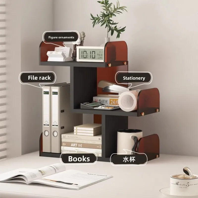 étagère moderne minimaliste bois respectueux environnement noir marron blanc porte documents calculatrice tasse