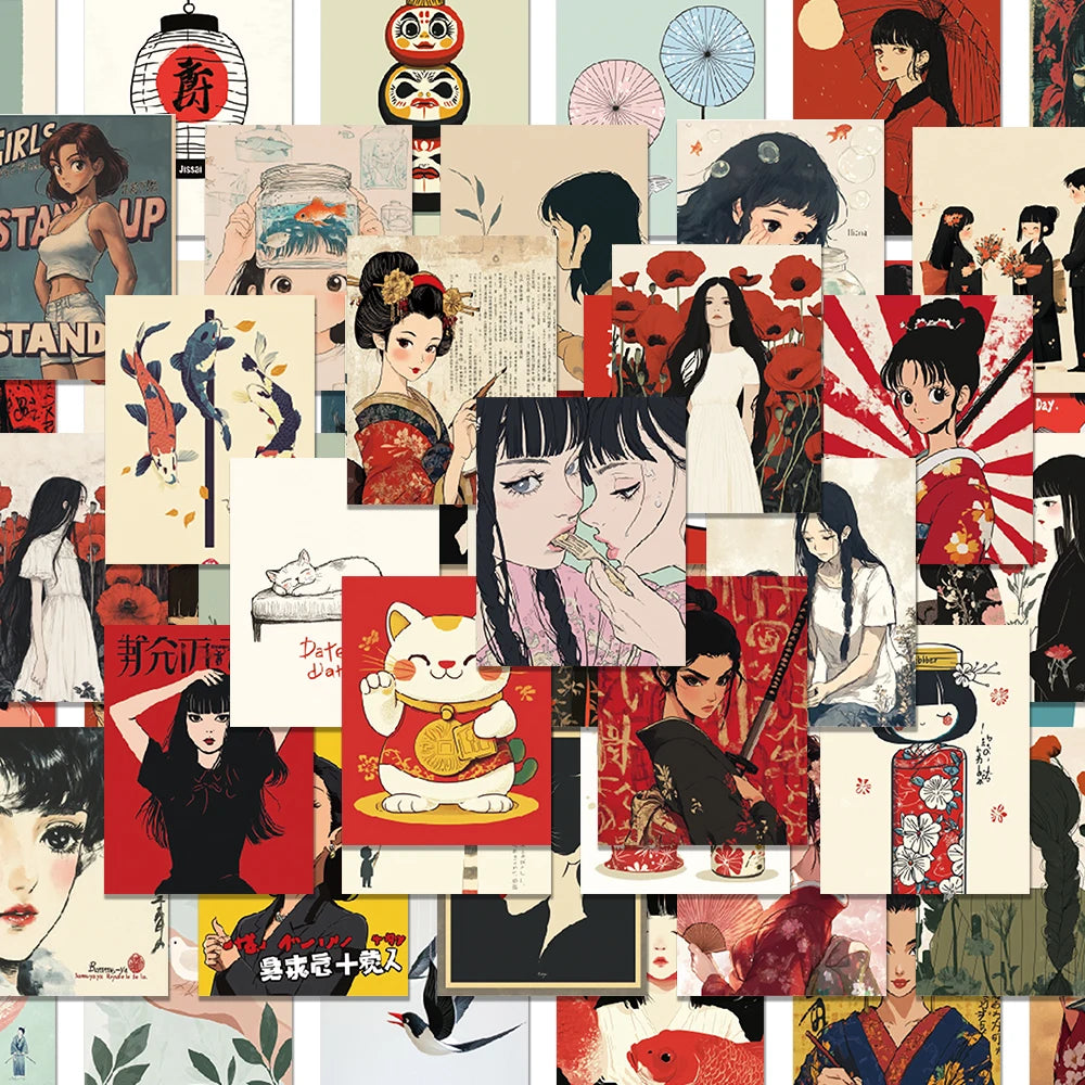 autocollants adhésifs art japonais traditionnel cartes postales multicolores illustrations fleurs masques rouges noirs blancs