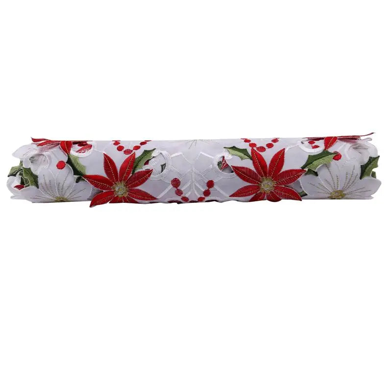ruban decoratif noel brode fleurs poinsettia houx dorures classique blanc rouge vert festive