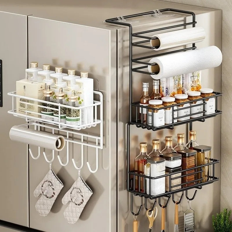 organisateur mural étagère réfrigérateur noir clips adhésifs rangement moderne papier aluminium bouteilles gobelets pinceaux