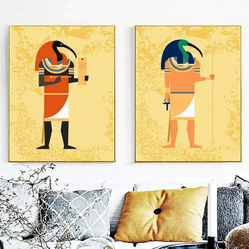 toile d'art égyptienne rétro personnages historiques animaux compagnie moderne jaune marron verte bleu noire