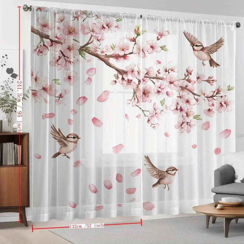 rideau transparent motif fleurs cerisier oiseaux moderne floral maison