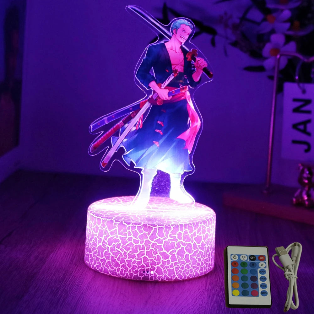 lampe led 3d anime luffy zorro cracked surface télécommande câble usb nocturne rouge vert