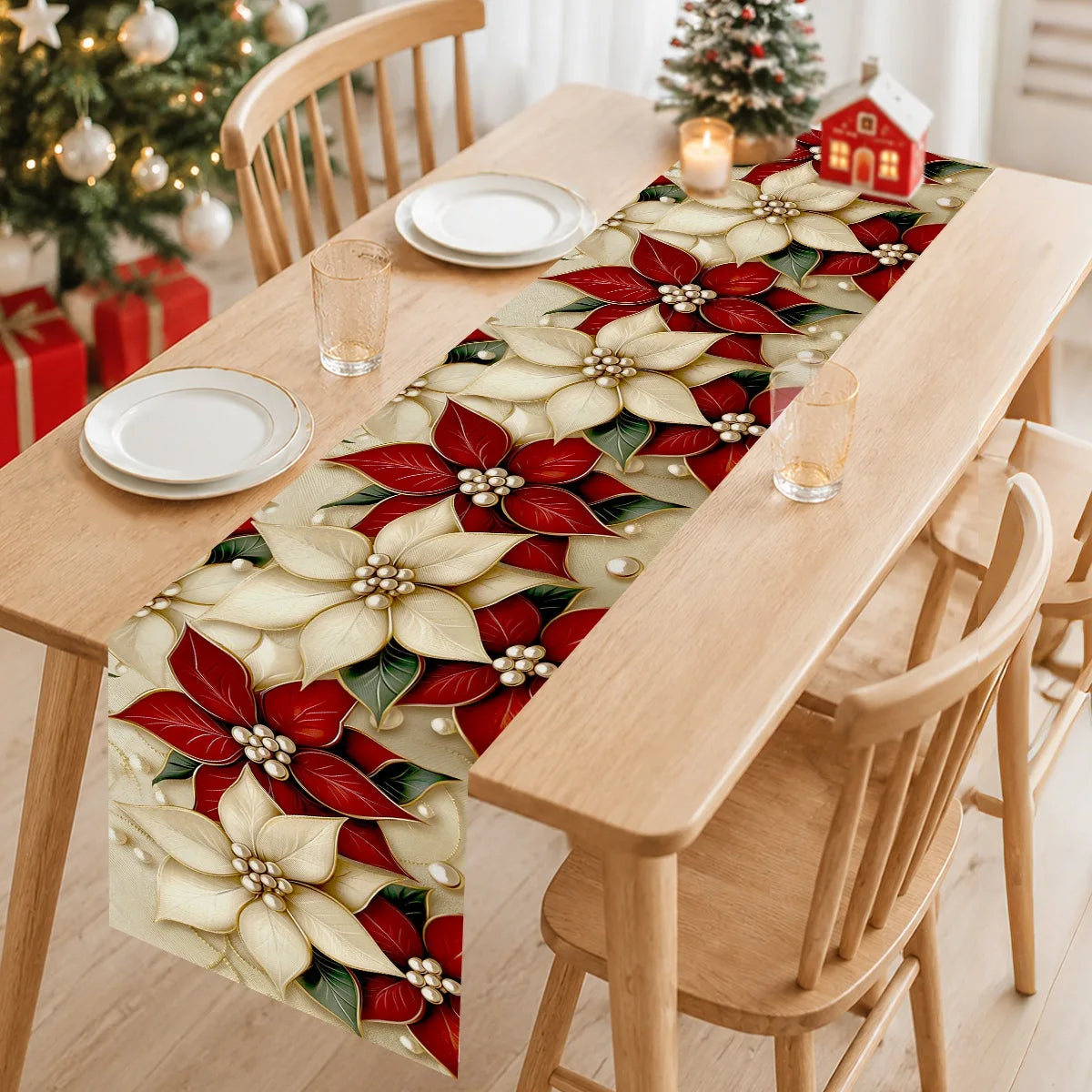 chimain table noël poinsettia rouge blanc vert imprimé polyester festif hiver cuisine maisonextérieur