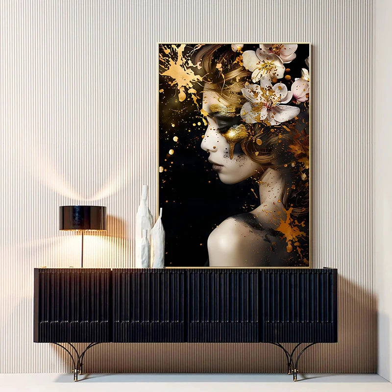 toile d'art contemporain abstrait fleurs dorées sans cadre moderne décoration maison noir blanc