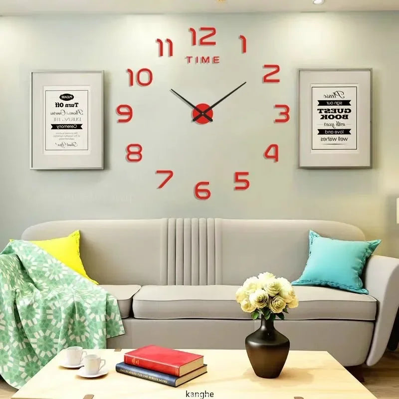 horloge murale moderne aiguilles quartz décoration salon visage unique couleurs argent doré rouge