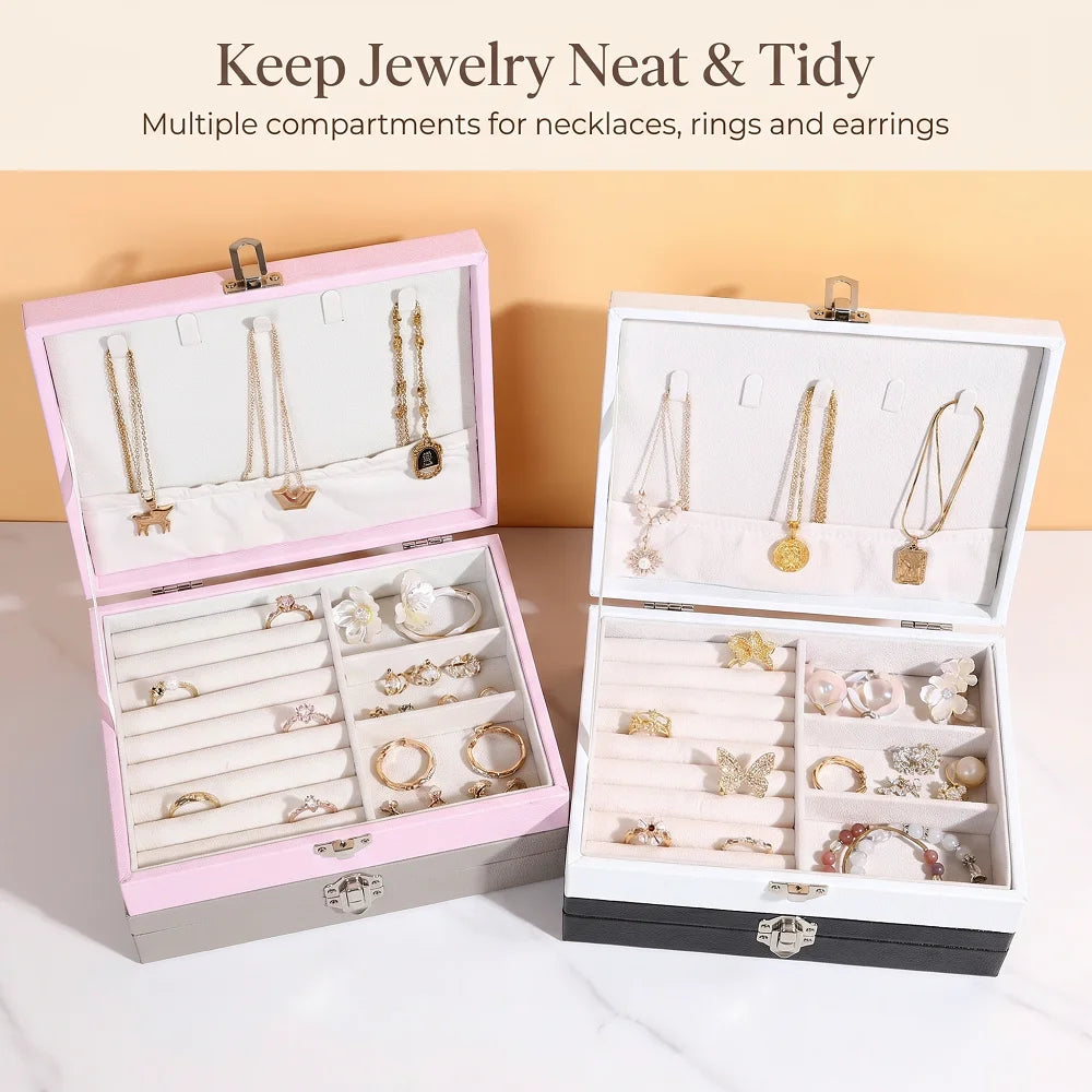 boîte bijoux velours doux moderne rose clair compartiments bagues colliers boucles oreilles élégante portable