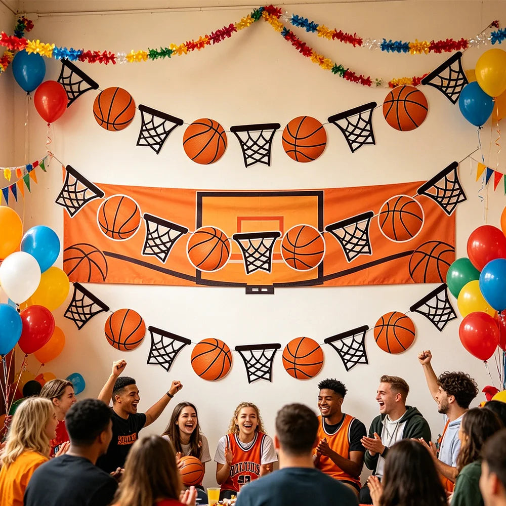 guirlande décoration fête anniversaire thème basket ballons paniers drapeaux enfants fil orange noir blanc