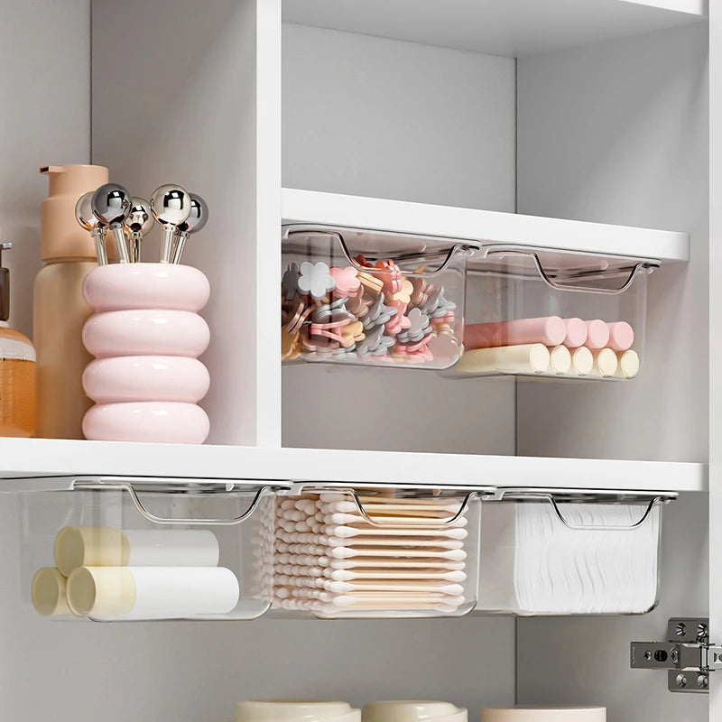 boîtes rangement transparentes plastique moderne minimaliste papier autocollant ruban adhésif coton tiges maquillage salle