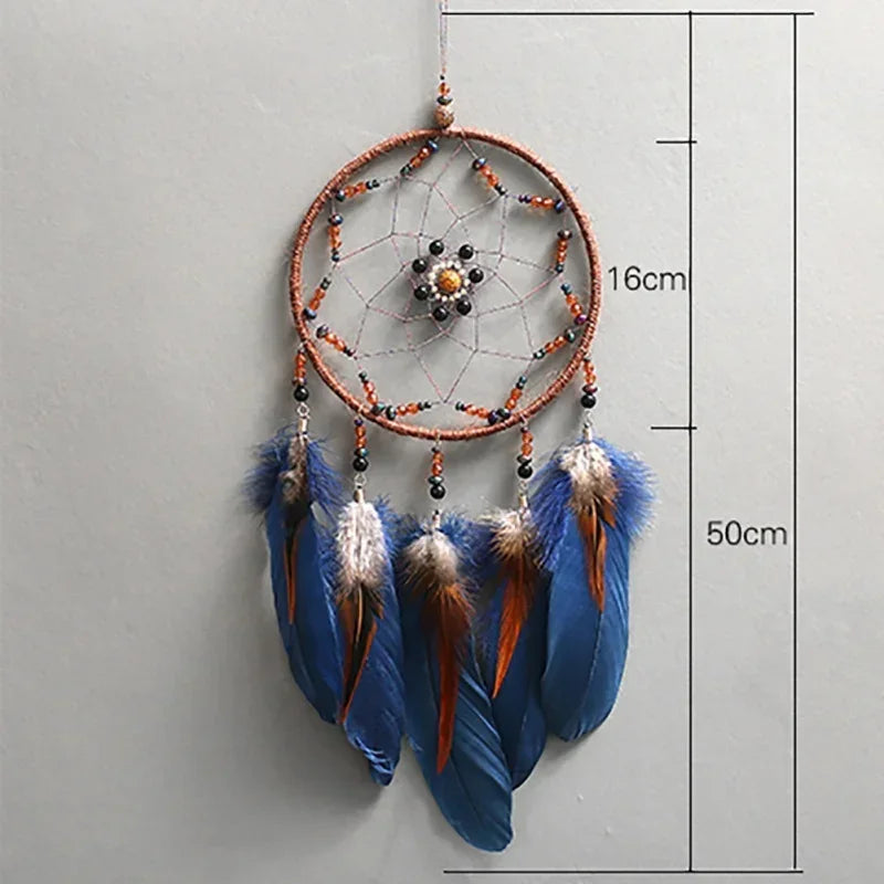 guirlande décorative attrape rêves bohème ethnique plumes tissage dentelle franges bois clair marron orange