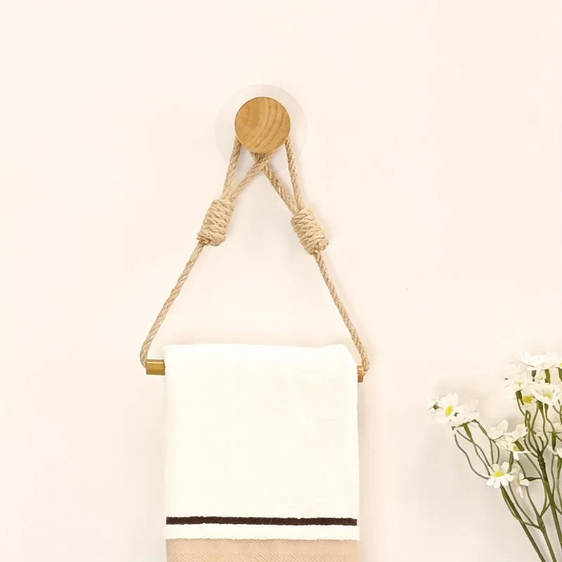 porte serviettes murale rustique bohème bois clair disque adhésif corde nouée