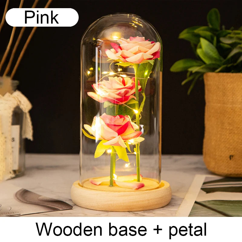 roses stabilisées bouquet guirlande lumineuse cloche verre décoration intérieure romantique anniversaire valentin engagement