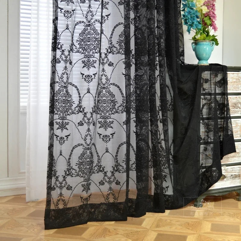 rideau noir blanc floral ajouré translucide classique élégant anneaux métalliques mur rideau fenêtre