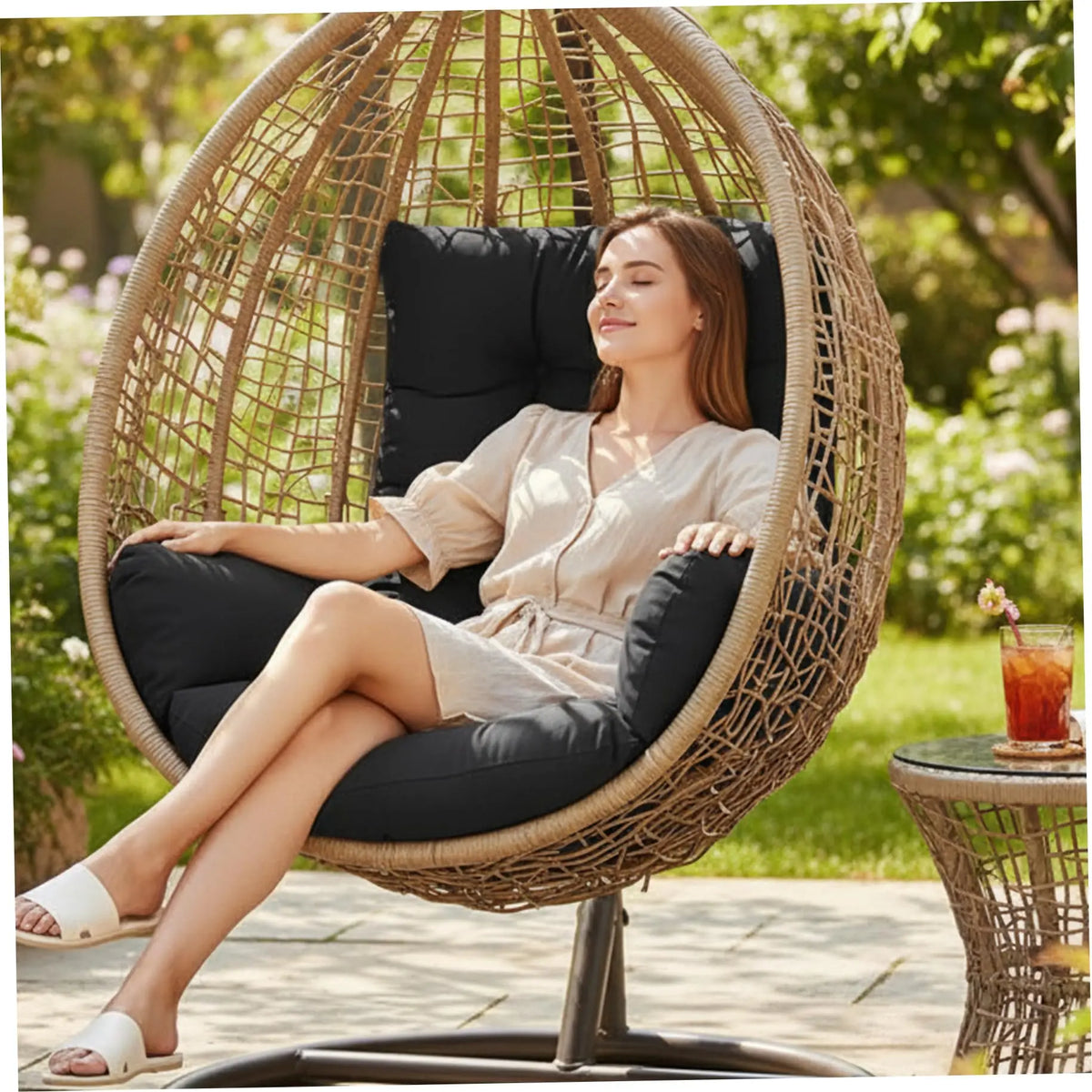 coussin rembourré fauteuil suspendu rotin extérieur beige gris confortable tissu épais lavable