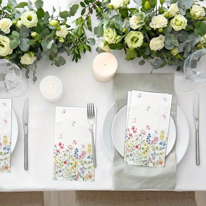 serviettes jetables papier fleurs colorées classiques pack 100pcs blanc rose bleu jaune vert floral