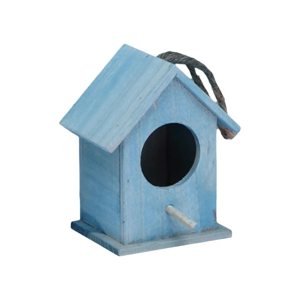 nichoir oiseaux extérieur bois résistant intempéries cordelette suspension porte floral relief bleu clair blanc