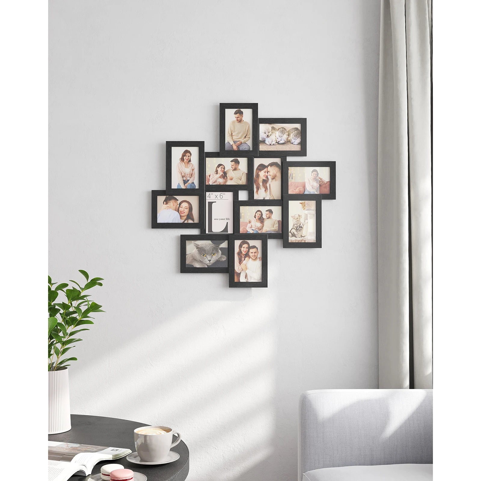 Détail du cadre photo montrant le verre transparent et le bois MDF noir