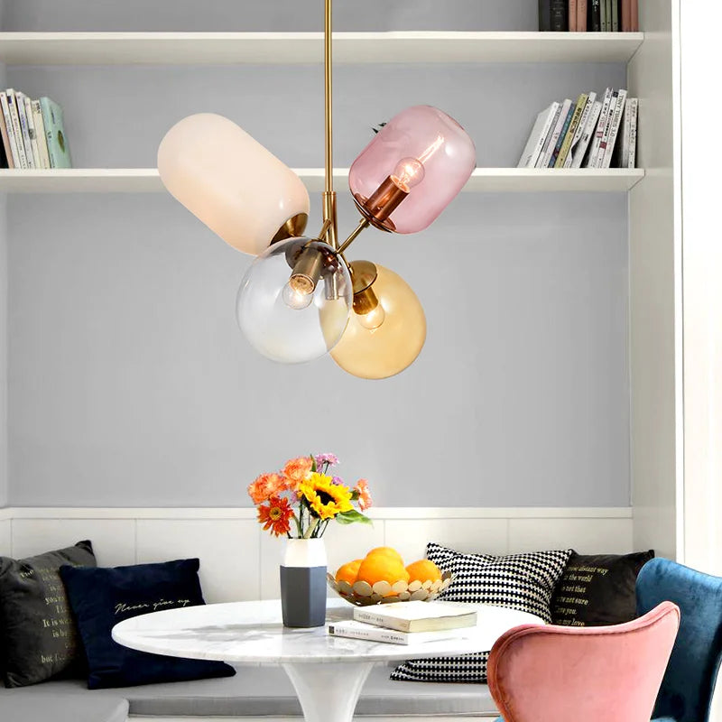 Suspension lumineuse moderne blanc rose doré rond translucide ampoules filament