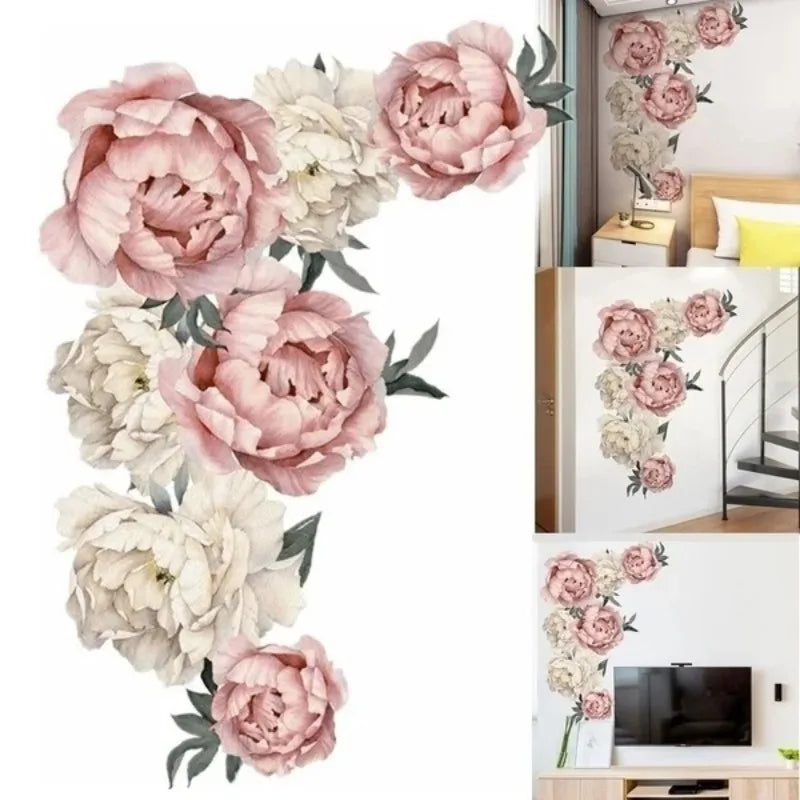 sticker mural fleurs pivoine effet aquarelle romantique art floral chambre salon autocollant doux