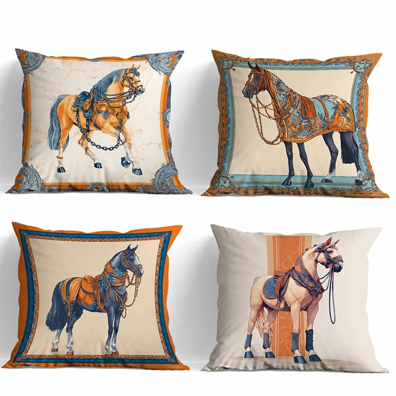 housse coussin imprimée chevaux beige bleu orange vintage canapé lit 100% polyester respectueux environnement