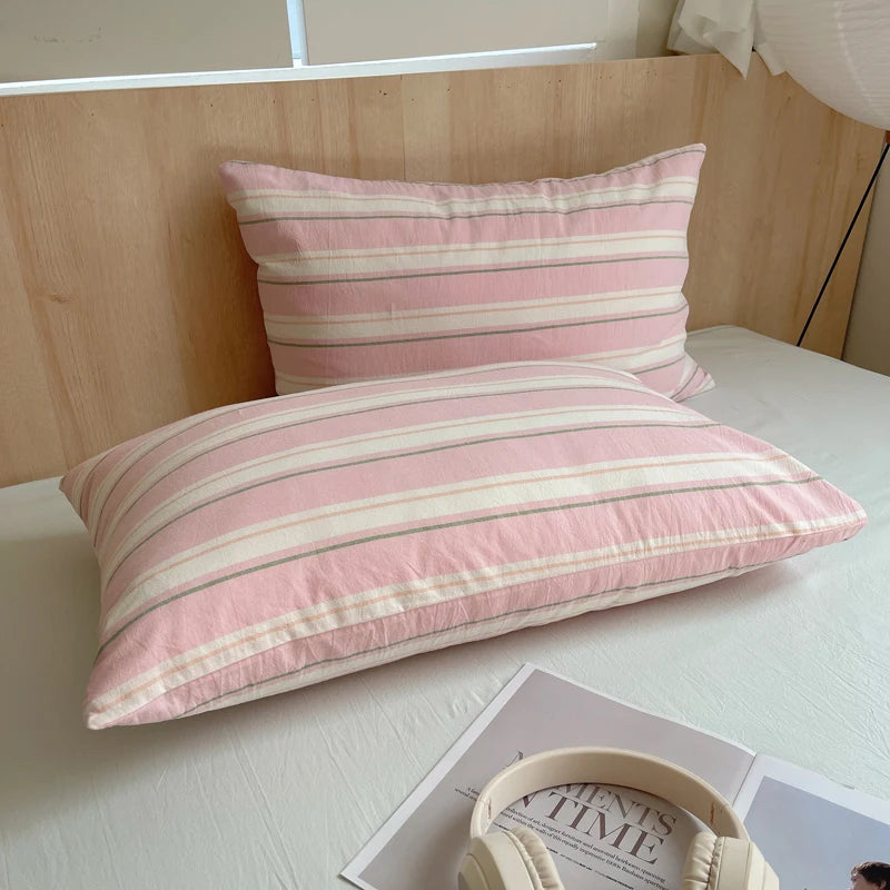 lot taies d'oreiller coton rayures rose clair modernes minimalistes douces lit maison