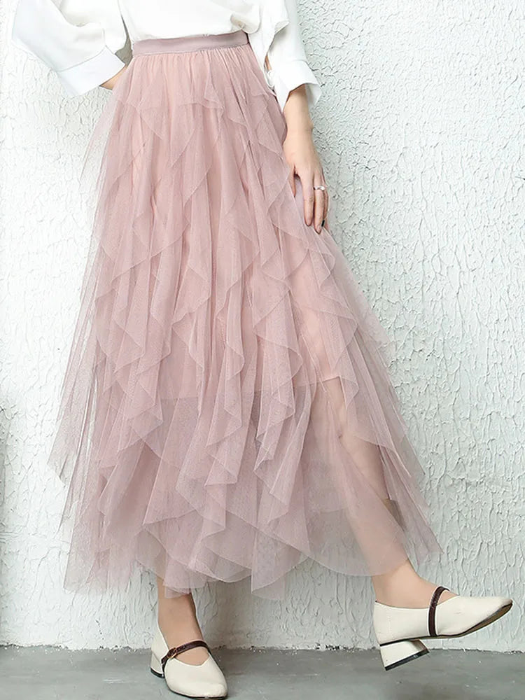 jupe féminine tulle élégante bleu clair noir rose pâle translucide plissée haute élasticité coton