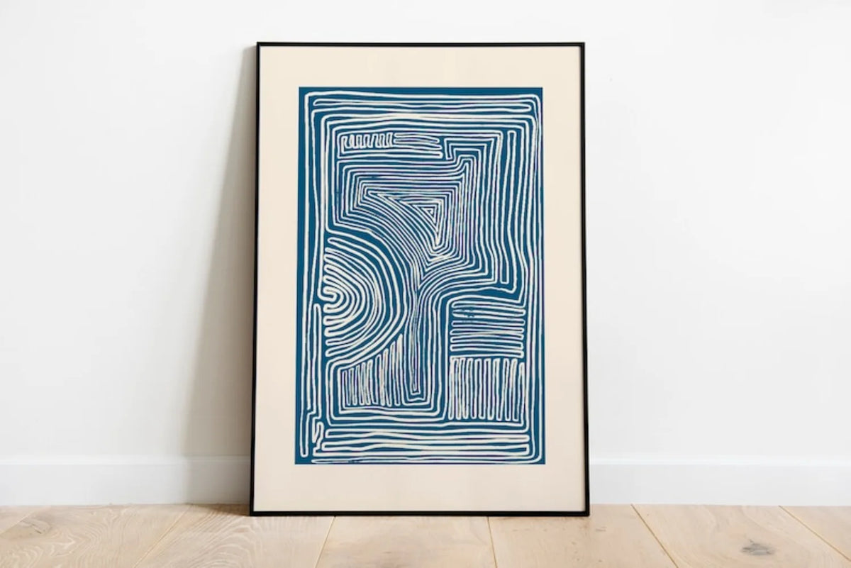 affiche abstraite moderne toile bleu beige lignes rectangulaire vertical sans cadre
