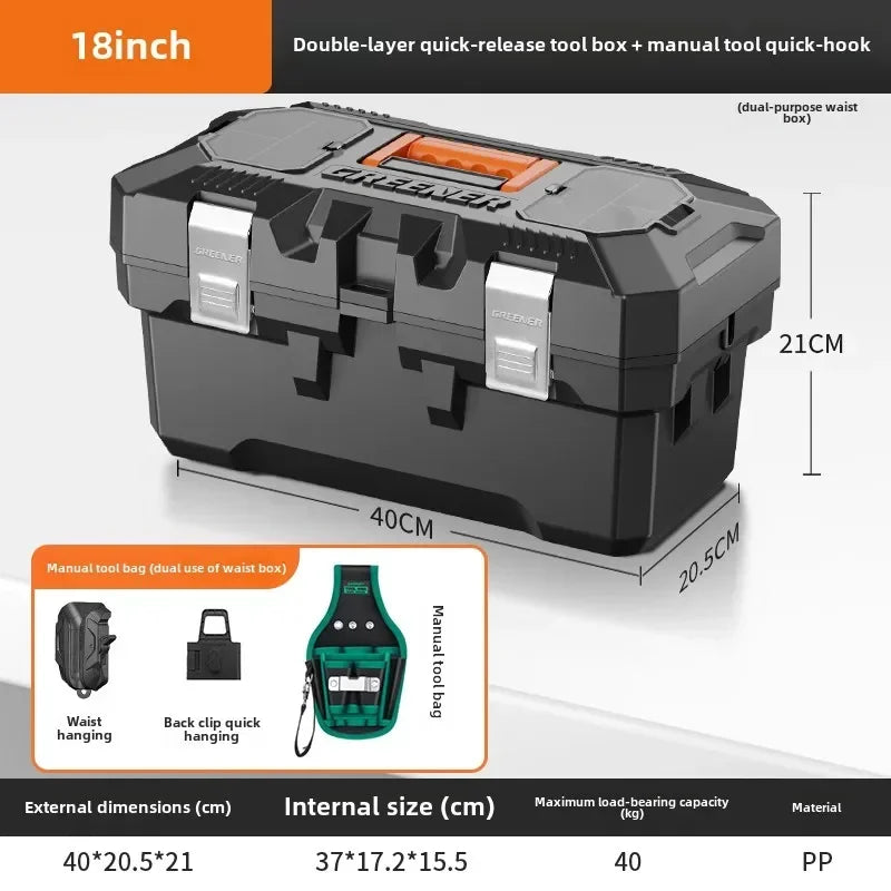 boîte outils noire orange clips multifonctionnelle perceuse batterie sac clé douille première secours lampe