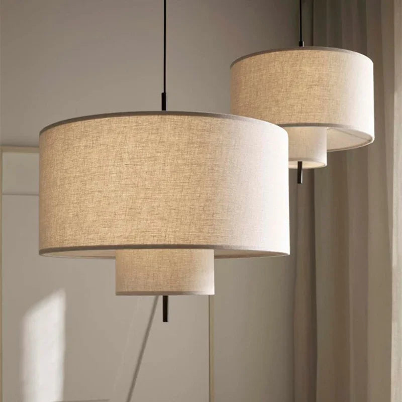 Suspension lumineuse moderne toile lin beige clair salon étude chambre lumière froide neutre chaude