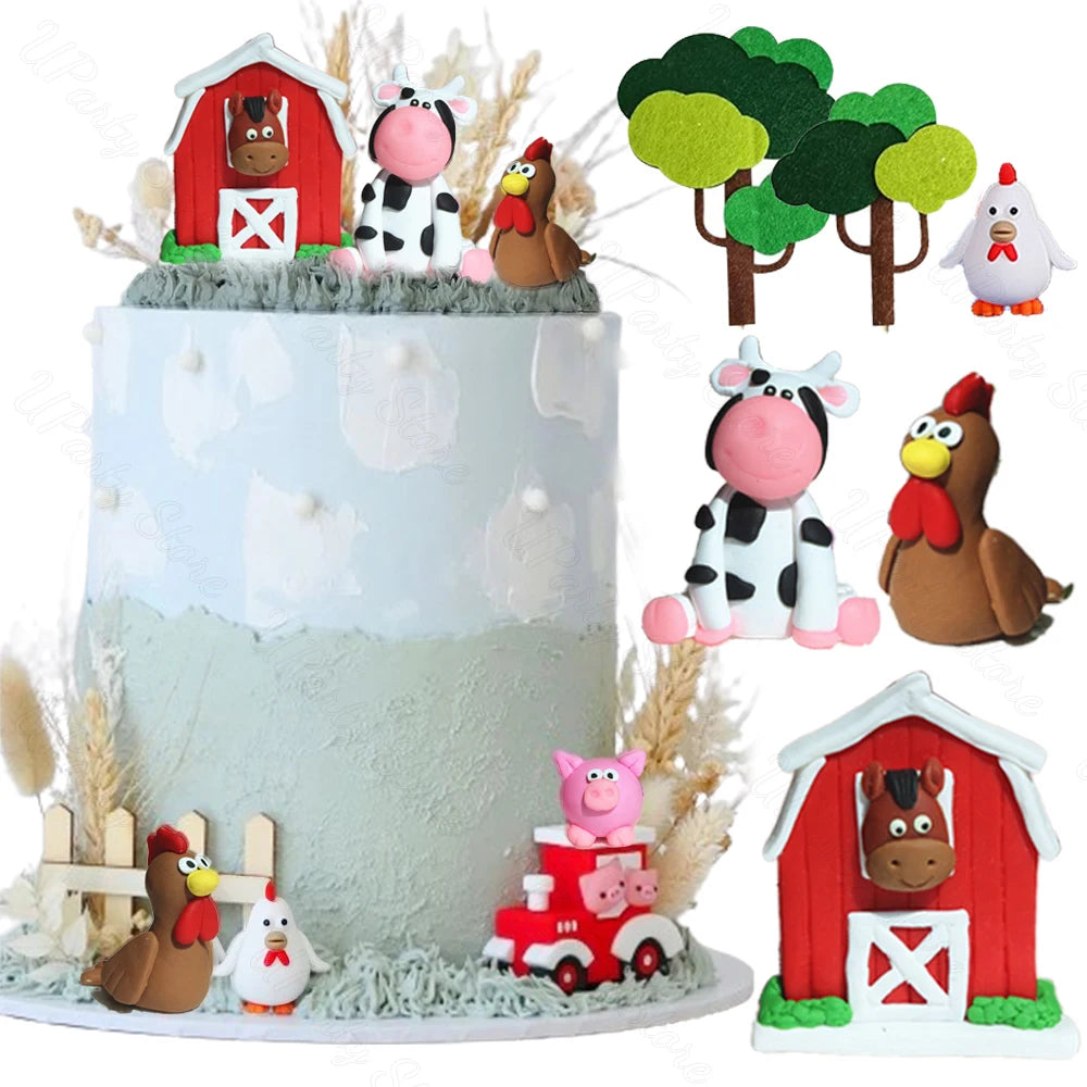 figurines animaux ferme cartoon anniversaire décoration gâteau vache poule cochon train arbres
