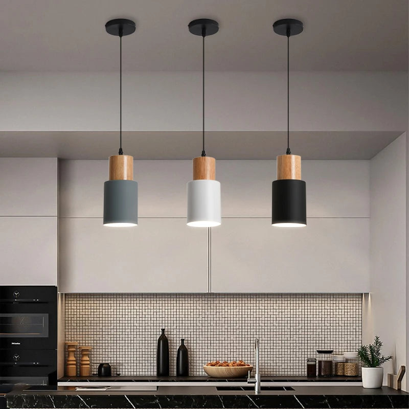 Lampes suspendues modernes minimalistes bois clair blanc noir câble ampoule tension 90 260V flux