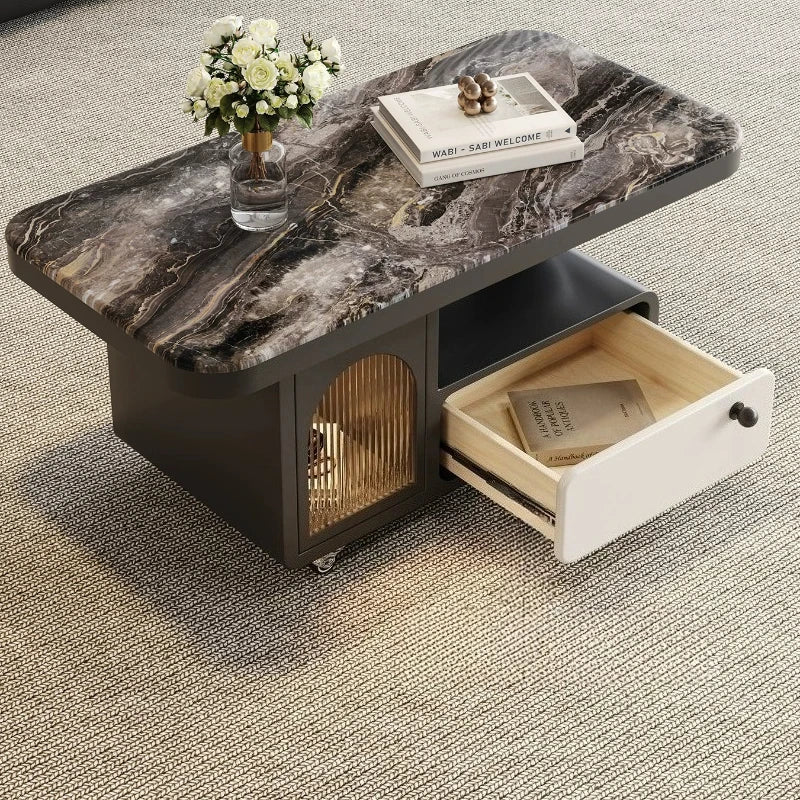 table basse moderne marbre noir tiroir roulette salon minimaliste italien