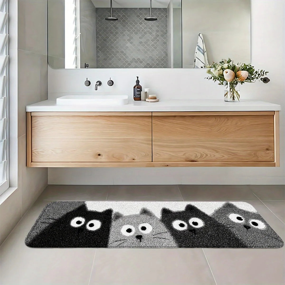 tapis gris blanc chatons yeux blancs fond moderne antidérapant polyester