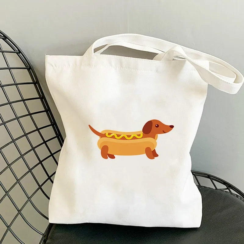 sac main toile chien imprimé moderne blanc poches détachables doux
