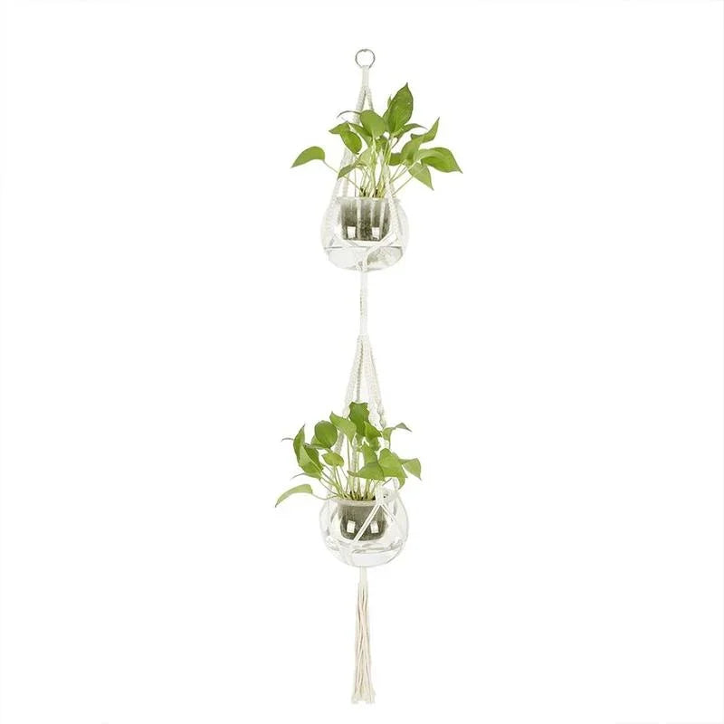 Support plante suspendue macramé blanc artisanal pot transparent