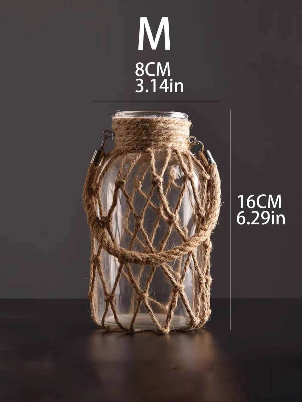 vase verre transparent rustique corde tressée anneaux métalliques décoration bohème vintage table salon