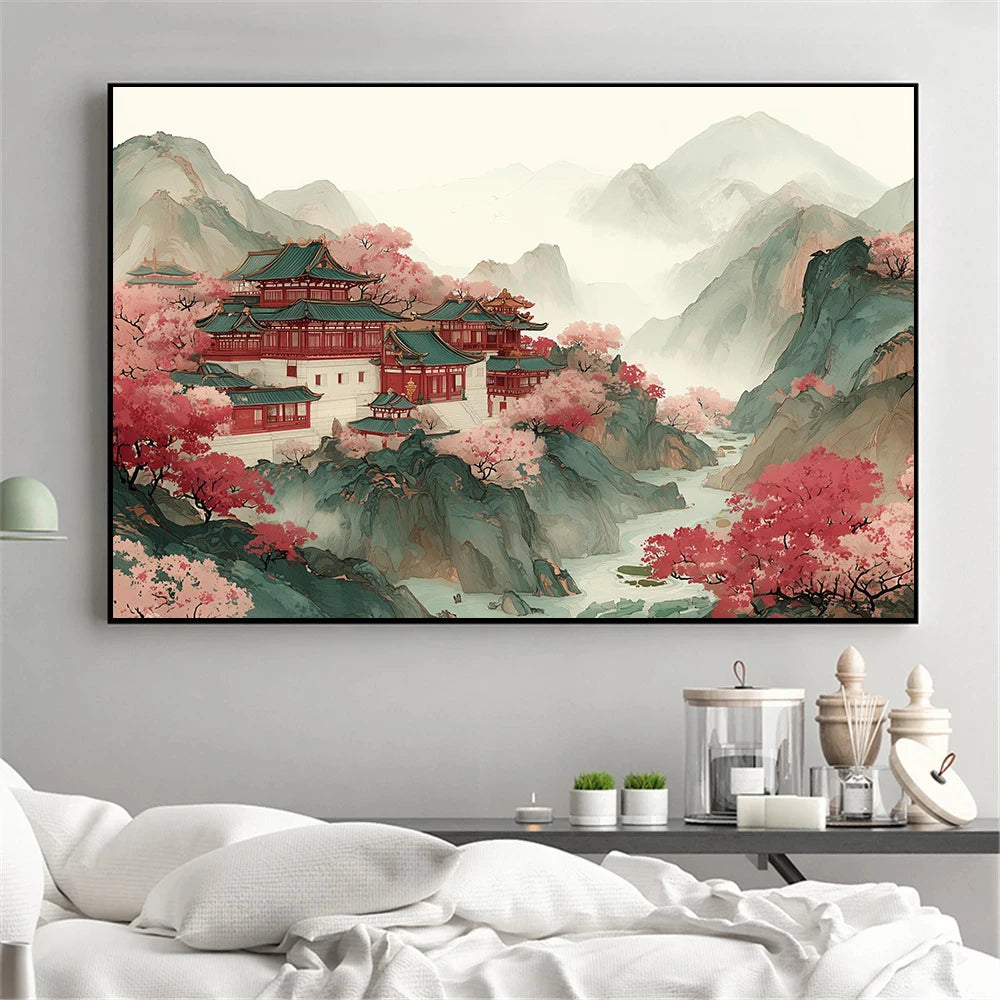 toile art paysage traditionnel poisson koi fleur cerisier temple lotus décoration intérieure murale cadre