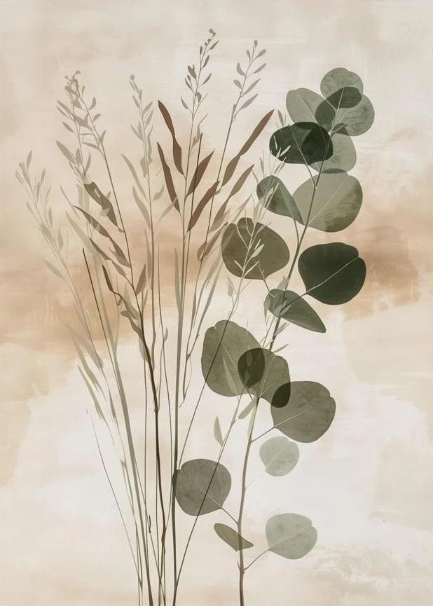 tableaux abstraits minimaliste fleurs séchées naturels beige gris vert cadres floraux decoration chambre triptyque