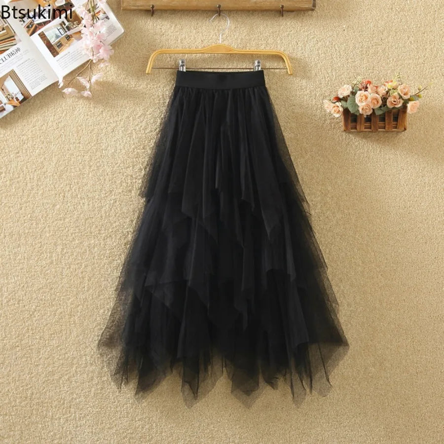 jupe tulle plissée féminine élastique printemps été rose clair gris blanc noir élégante lignemidi