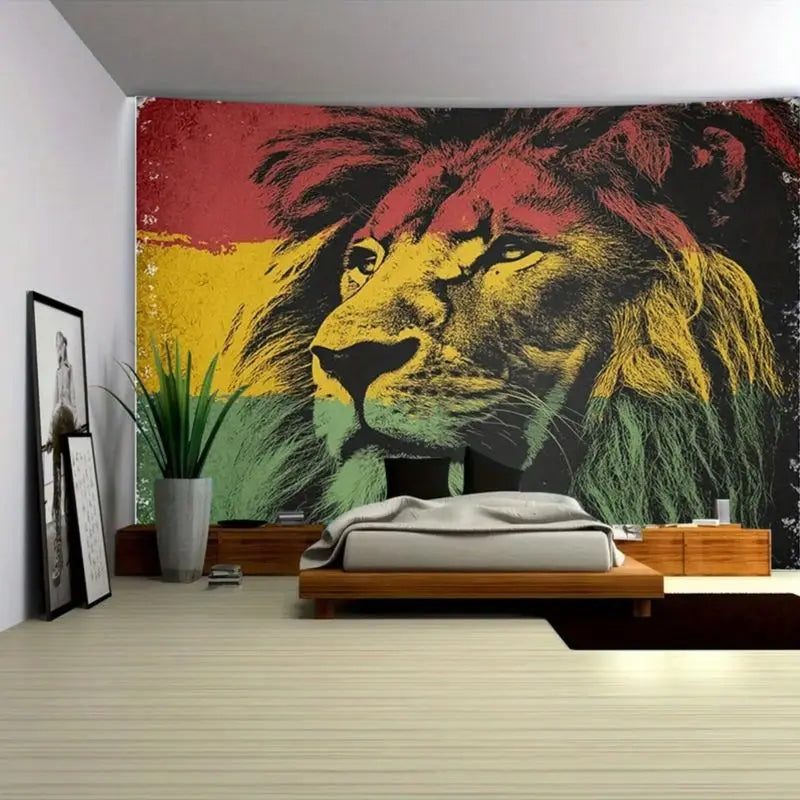tapisserie murale pop art lion noir rouge jaune vert chambre salon décoration mur