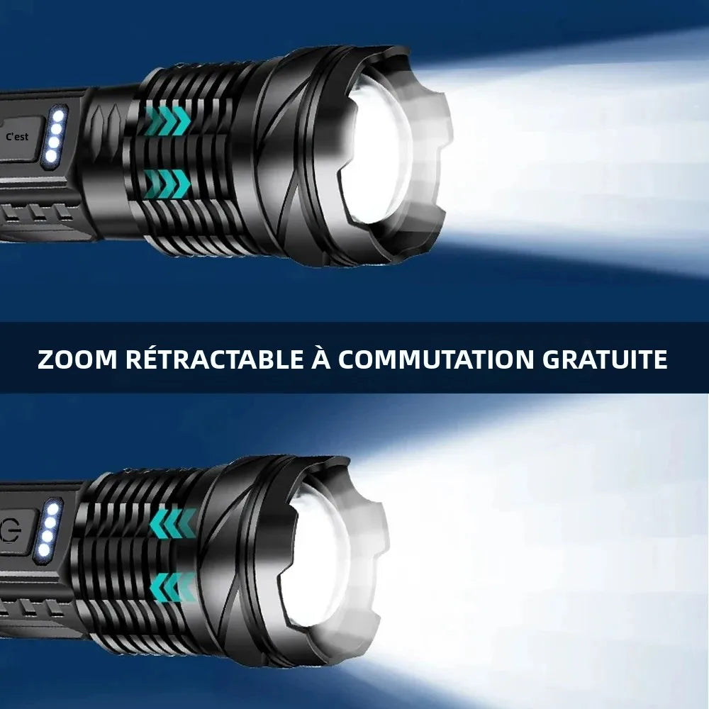 lampe poche rechargeable led tactique noire texturée moderne câble usb charge 20w modes variateurs
