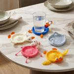 coasters crochetés coton blanc bleu jaune rose animaux résistants chaleur absorbants