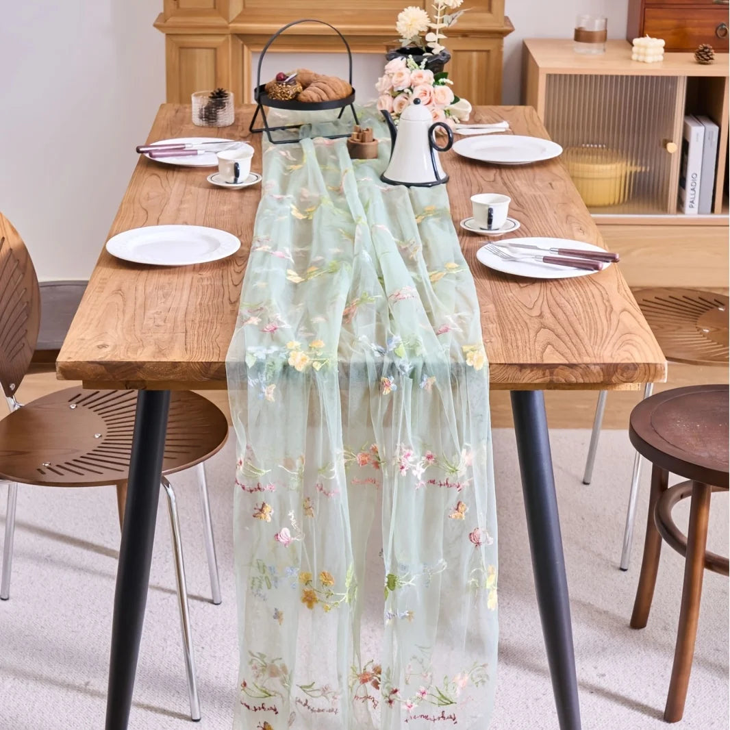 nappe courte fleur brodée transparente polyester décoration mariage anniversaire champêtre