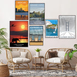 Cette image présente une collection d'affiches de voyage vintage représentant différentes destinations touristiques, telles que Redcar, le château de Barnard, Scarborough, Padstow et le pont de l'Humber, ainsi qu'un paysage africain au coucher de soleil avec un éléphant.